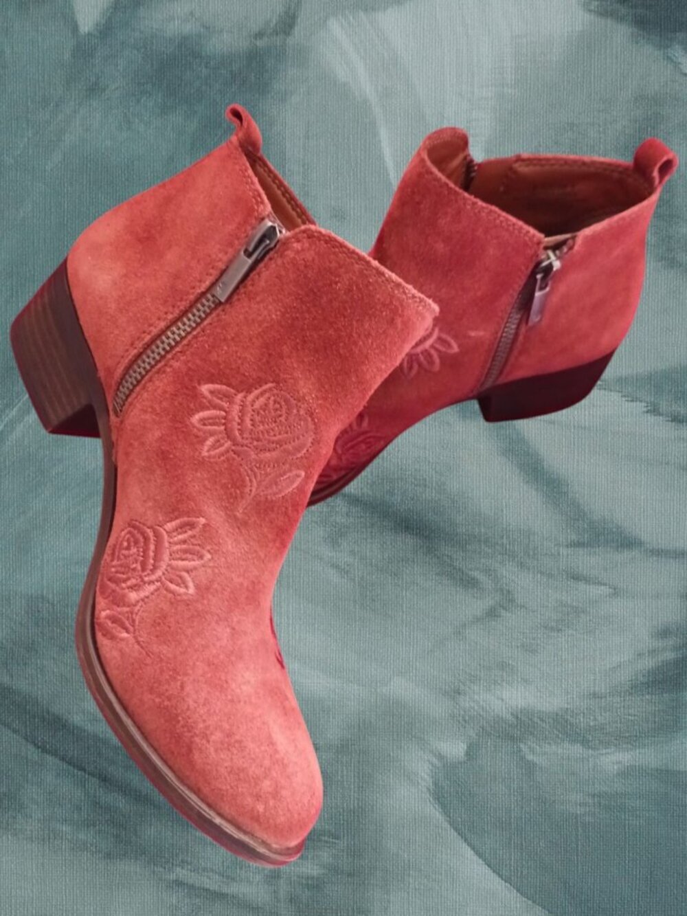 Lucky Brand Suede Ankle Boots W/ Floral Embroidery & Side Zip Terracota Size 6.5 - Picture 4 of 14